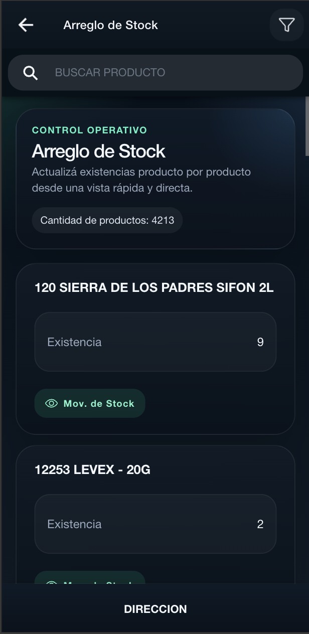 Módulo Arreglo de Stock de GC Mobile para actualizar existencias producto por producto
