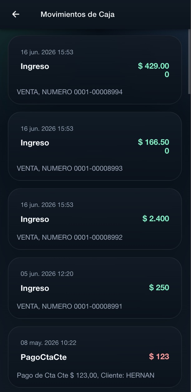Movimientos de caja en GC Mobile con los ingresos y pagos del día