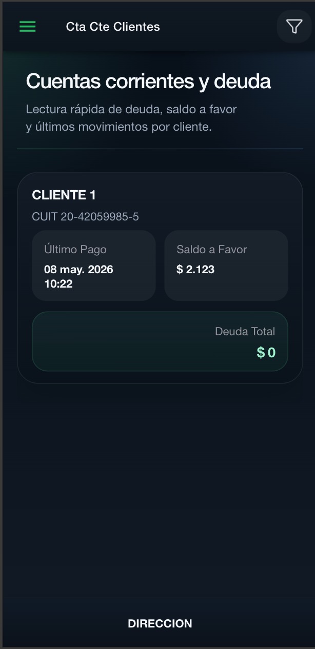 Cuentas corrientes de clientes en GC Mobile con deuda, saldo a favor y últimos movimientos