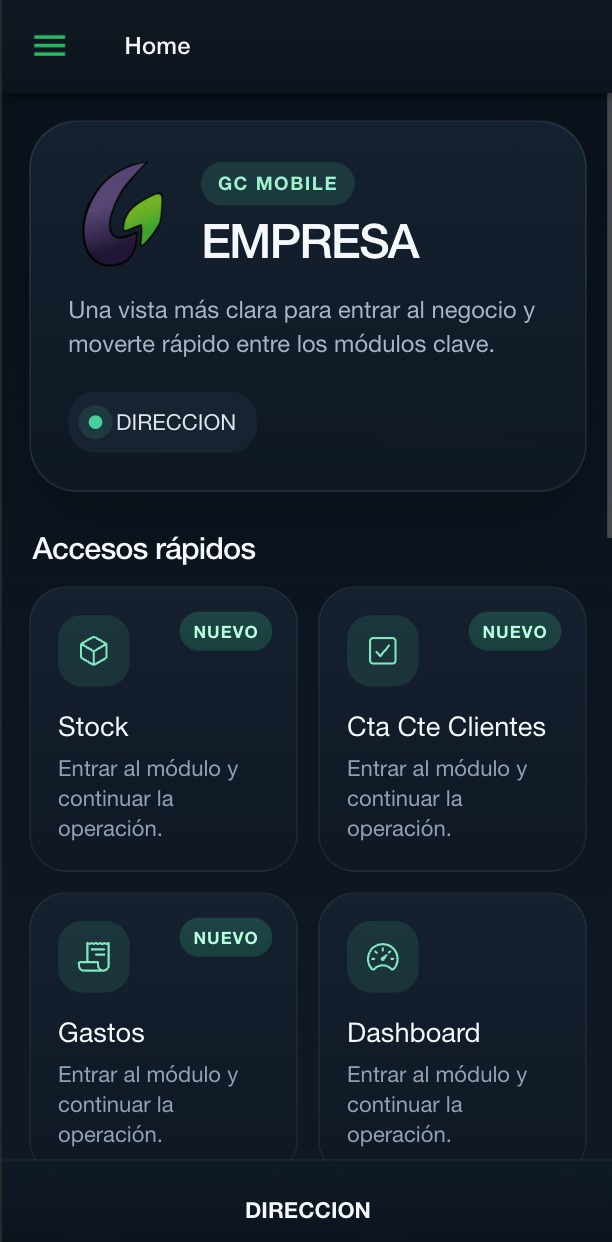 Pantalla de inicio de GC Mobile con la tarjeta de la empresa y los accesos rápidos a los módulos
