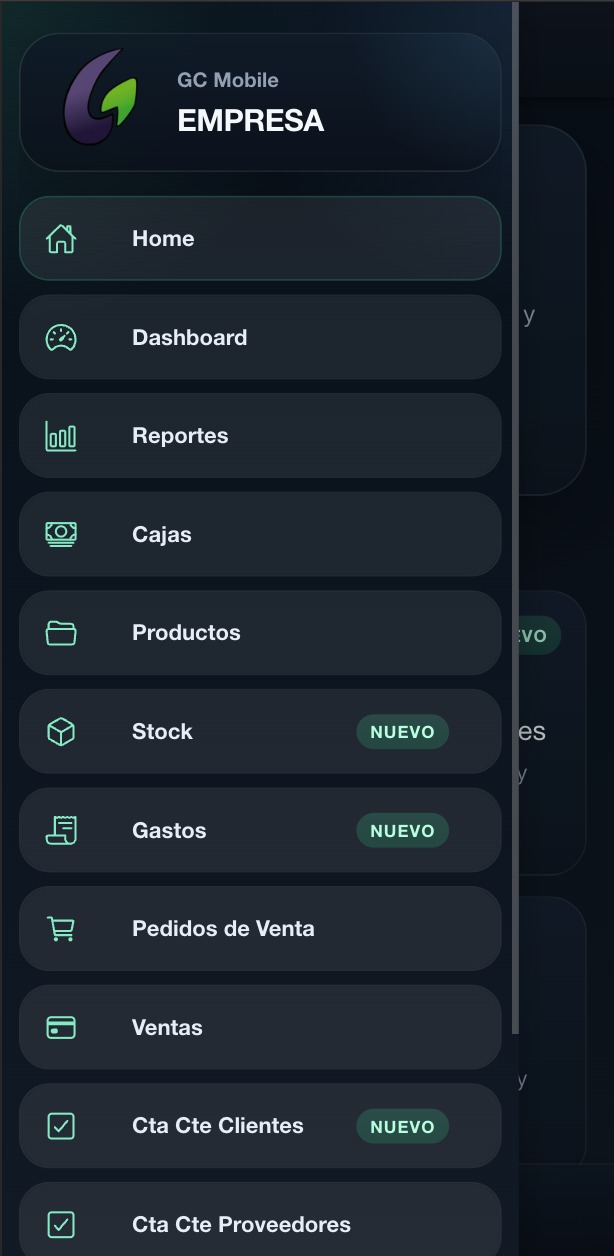 Menú lateral de GC Mobile con la lista de módulos: Home, Dashboard, Reportes, Cajas, Productos, Stock, Gastos, Pedidos de Venta, Ventas y cuentas corrientes de clientes y proveedores