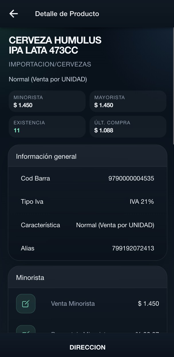 Detalle de producto en GC Mobile con la opción de editar precios y existencias