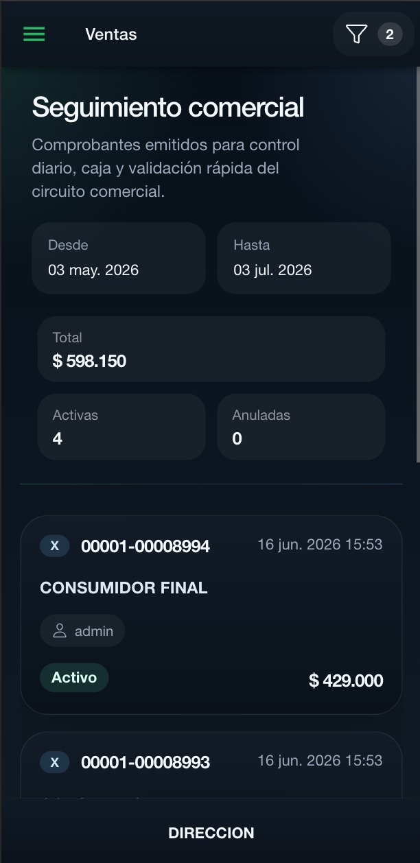 Módulo Ventas de GC Mobile con el seguimiento comercial y los comprobantes emitidos