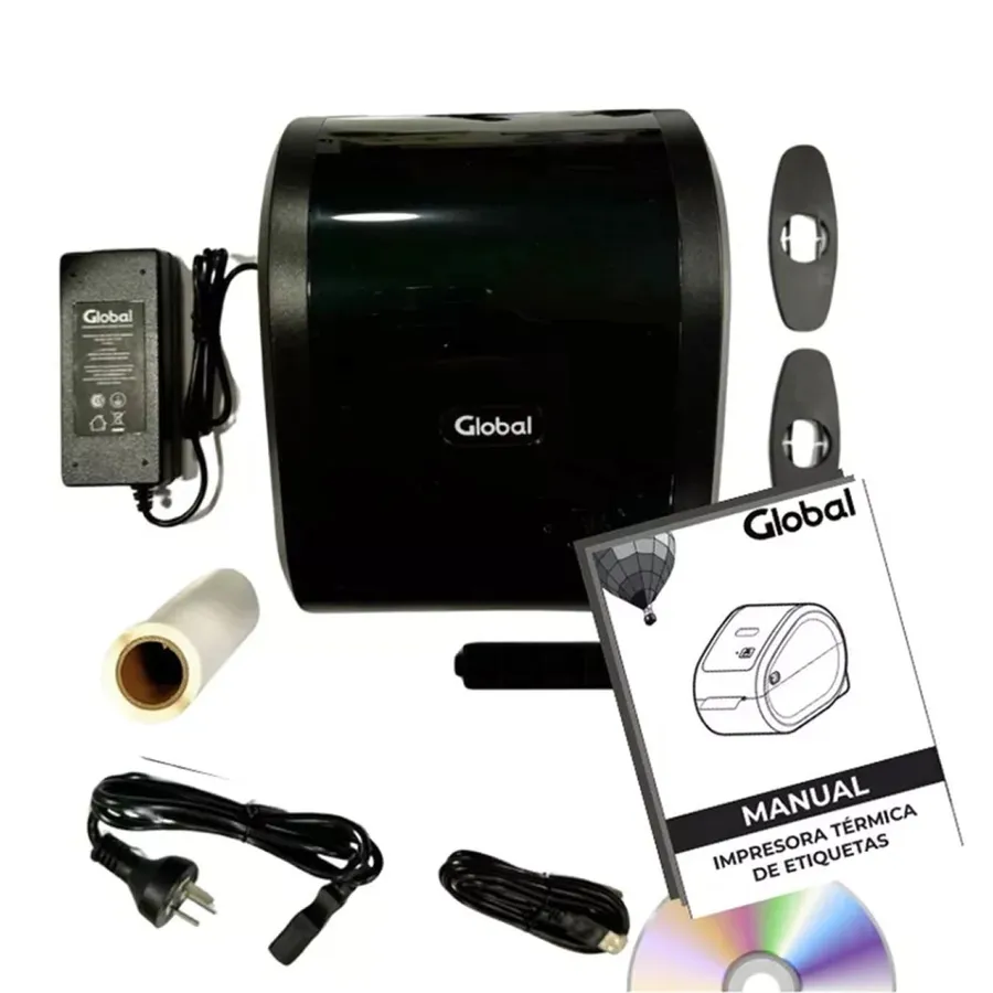 Contenido de la caja: impresora, fuente, cable de 220 V, cable USB, soportes de rollo, rollo de muestra, CD con driver y manual