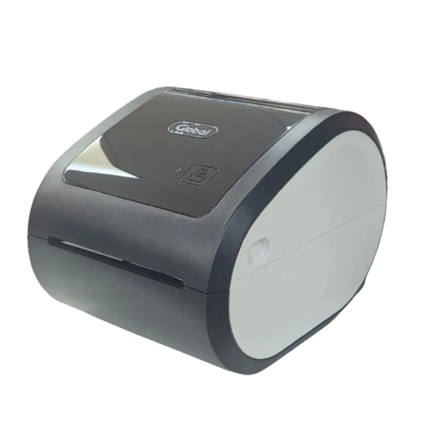 Vista frontal de la Global TP-LABEL4-USB con el botón de alimentación de papel
