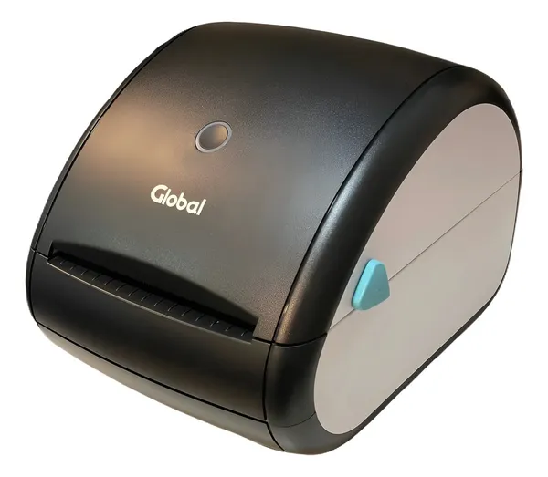 Impresora de etiquetas Global TP-LABEL4-USB, negra con lateral gris y palanca celeste de apertura